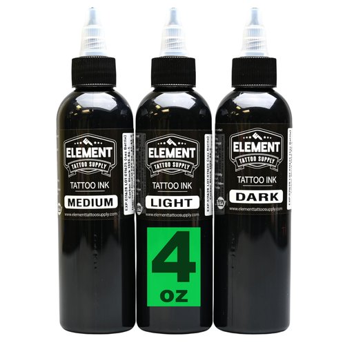 Element Tattoo Supply Greywash Tattoo Ink Set for Professional Tattooing Supplies – Light, Medium & Dark Solid Shades for Outlining, Shading & Blending for Artists – 4 oz Bottle (3 Pack)
