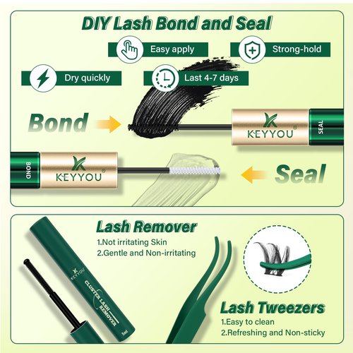 KEYYOU LASH Flora Lash Clusters Kit D Curl Natural Lashes 144pcs Lash Extension Kit 8-18mix False Eyelashes Fluffy lashes with Ultra-Thin Soft Band with Remover Waterproof Bond and Seal(F01 Kit)