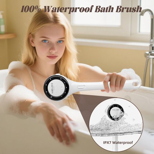Electric Body Brush, 3 Speed Silicone Body Scrubber with LCD Display, 5in1 Back Scrubber for Shower, Waterproof Rotating Body Brushes, Rechargeable Bath Brush for Clean Exfoliate Massage (White)