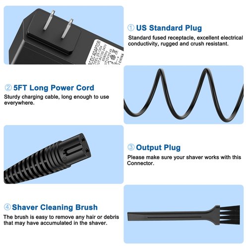 12V Charger Fit for Braun Shaver Series 1 3 5 7 9, 5FT Charging Cord for Braun 310s 340s 740s 3040s 7020s 9330s 760cc 790cc 5190cc 7085cc 7865cc 9090cc 9095cc 9290cc 9385cc 9577cc Electric Trimmer