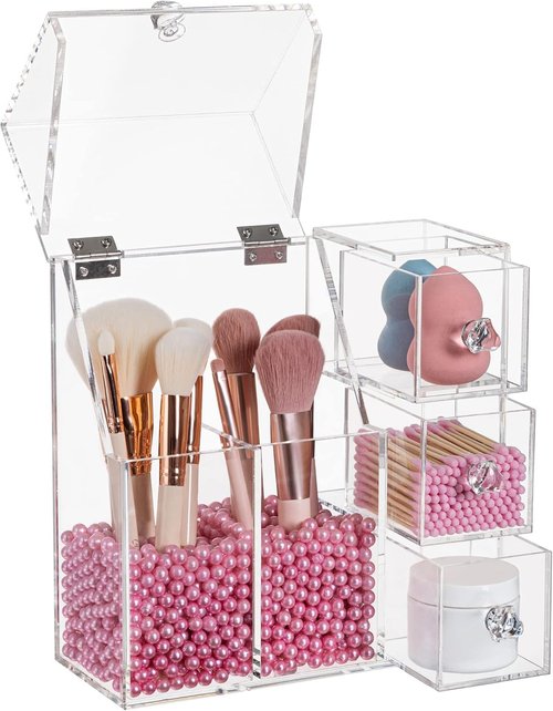 HBlife Makeup Brush Holder, Acrylic Makeup Organizer with 2 Brush Holders and 3 Drawers Dustproof Box, Free Pink Pearl Included