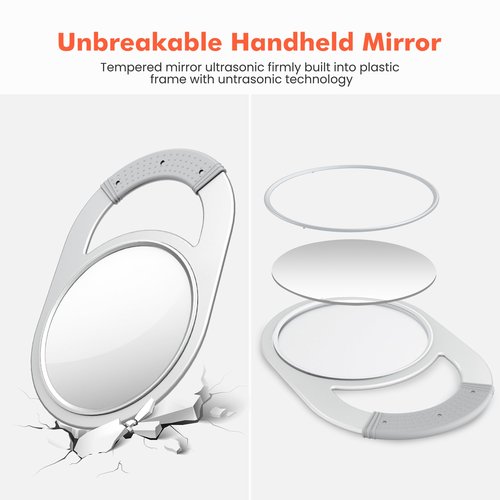 TASALON Unbreakable Hand Mirror, Hand Mirrors with Handle, Salon Barber for Hair, Anti-Slip Hand Held with Rubber Grip for Travel, Makeup, Shaving, Shower, Camping - Silver
