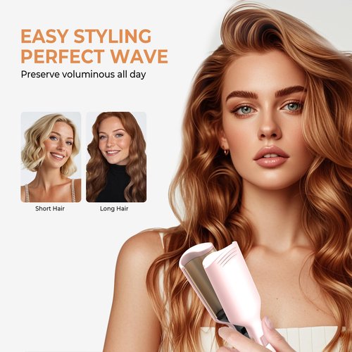 Waver Hair Tool,Mini Waver Curling Iron，Curling Iron Hair Crimper Waver，Ionic Deep Waver Curling Wand with Ceramic 2 Barrel for Women，Double Voltage Included UK/EU Plug, Easy to Use, Pink, 1.25 Inch.