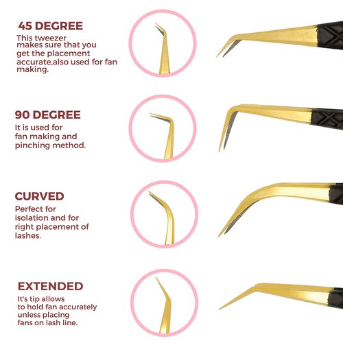 SIVOTE Fiber Tip Lash Tweezers for Eyelash Extensions with Diamond Grip, Black, Set of 4 - Precise Tips Japanese Steel for Classic, Volume & Mega Volume Lashes, Anti-Rust - Ideal for Lash Artists