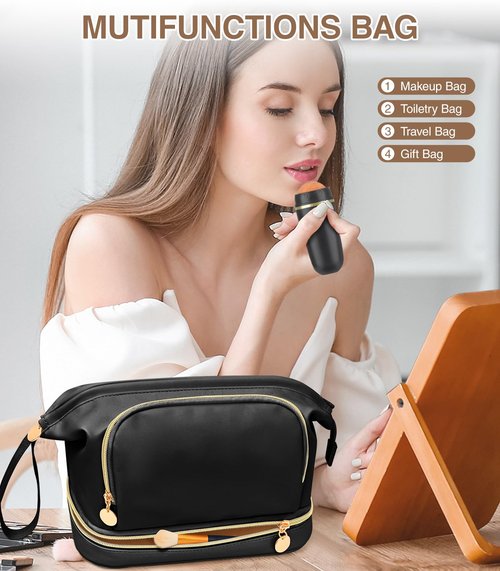 Hairao Toiletry Bag for Women, Large Makeup Bag with Double Layer Design, Waterproof Makeup Organizer Bag, PU Leather Cosmetic Travel Bag with Brush Compartment, Q-Black