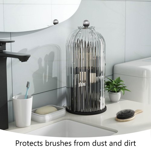 Emljkvp Makeup Brush Holder with Dustproof Cover 360 Rotating Makeup Brush Organizer for Vanity Bathroom, White/Black