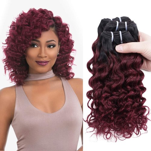 FASHION LINE 4 Bundles Deep Wave Short Bob Style Ombre 1B/99J Virgin Human Hair Bundles 50g Two Tone Burgundy Red Brazilian Hair Weave 12”