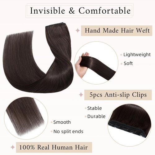 SEGO One Piece Clip in Extensions, 5 Clips Real Human Hair Extensions, Long Straight, 20 inches, #02 Dark Brown