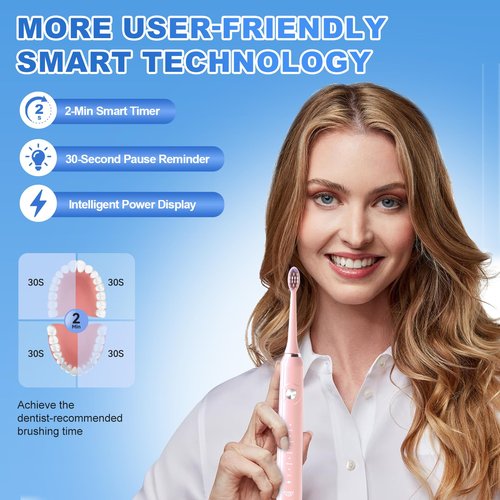 JTF Sonic Electric Toothbrush - with Travel Case and 6 Brush Heads, Fast Charging toothbrushes for 60 Days Long Lasting, 5 Modes Power Toothbrush for Women, Pink