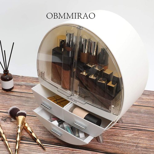 OBMMIRAO Elegant Dustproof Makeup Storage Organizer Box, Waterproof Medium Cosmetics Organizer Storage with Drawers Skincare Cosmetic Display Cases for Countertop Bathroom Dresser Dedroom