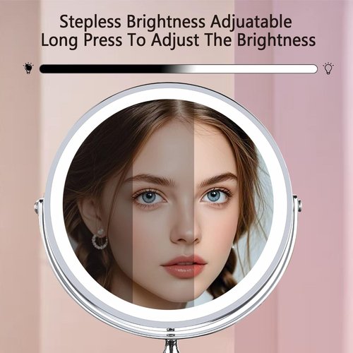 Makeup Mirror with Lights ，8 Inch 1X/10X Rechargeable Double Sided Magnifying , 360° Rotation LED HD Mirror with 3 Colors，Brightness Adjustable, Ideal for Daily Skincare and Professional Makeup
