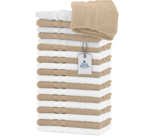 DAN RIVER 100% Cotton Washcloths 20 Pack Premium Quality Face and Body Cloth, Quick Dry Essential Towels for Bathroom, Hand, Kitchen & Cleaning, Baby Washcloths | 11X11 in | 400 GSM | Tan + White