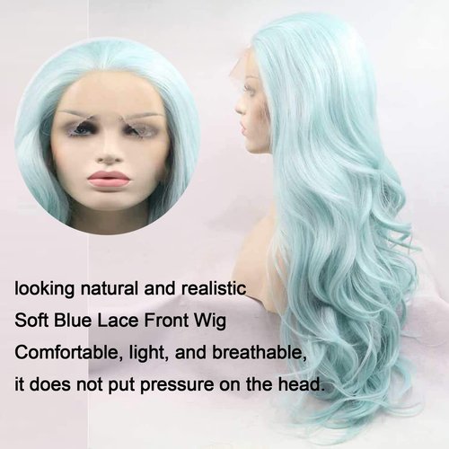 AFBeauty Blue Wigs for Women Light Long Wavy Neon Blue Lace Front Wig Pre Plucked Hairline Free Part Colorful Pastel Baby Blue Glueless Real Hair Wig Synthetic Heat Resistant Daily Holiday 24 Inch