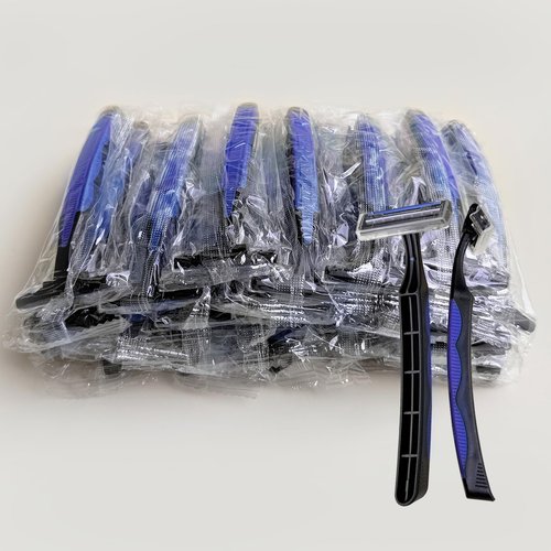 Individually Wrapped 3 Blades Razors Bulk, Travel Size Disposable Manual Razors with Stainless Steel Blade (Blue) (100)