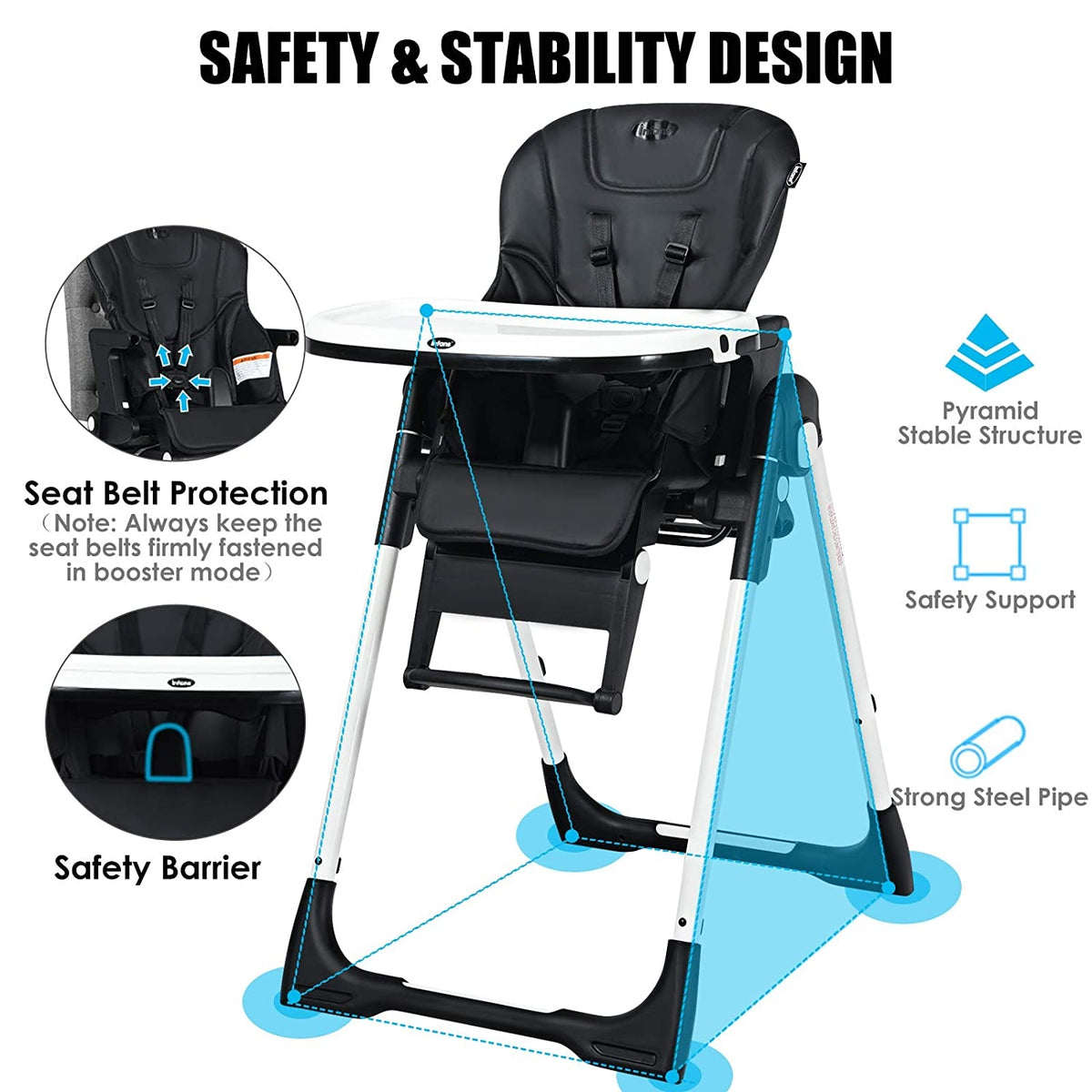 Costway 4-in-1 Baby High Chair Booster Seat Black with Adjustable Height & Recline