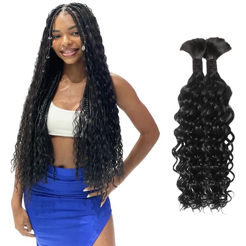 Boho Braiding Hair for Knotless Braids - 22 Inch Curly Human Hair, 2 Bundles, 100g Water Wave (Natural Color)