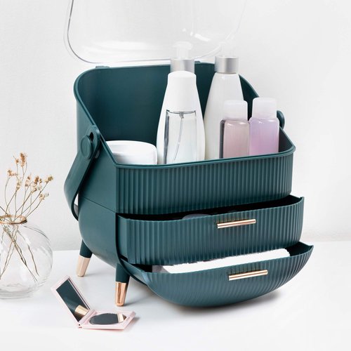 Navaris Makeup Organizer Storage Box - Cosmetics, Skincare and Beauty Case with Clear Lid Display and 2 Drawers - Bathroom Counter or Vanity - Green