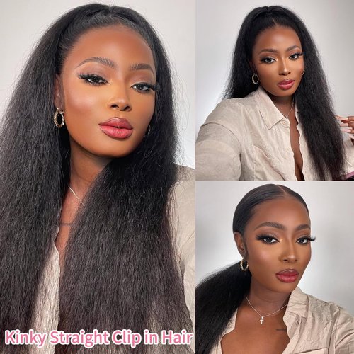 Kinky Straight Clip in Hair Extensions Real Human Hair 110g 8pcs Yaki Straight Clip Ins Hair Extensions For Women Natural Black Full Head Brazilian Remy Hair Double Weft 20 Clips
