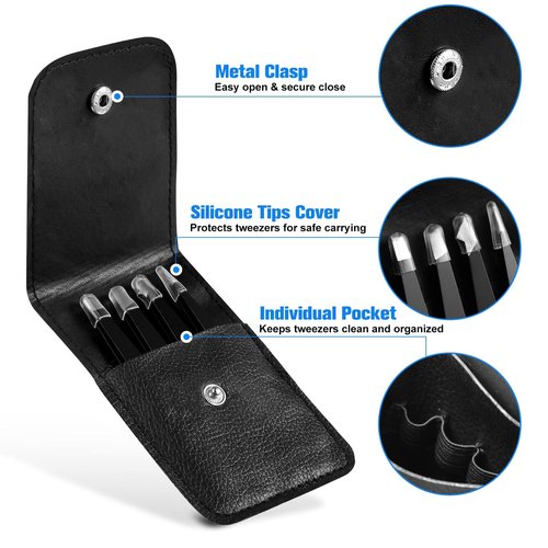 SUCOOR Tweezers for Women Facial Hair, 4Pcs Professional Beauty Tools Stainless Steel Precision Eyebrow Tweezers for Splinter Blackhead and Ingrown Hair Removal, Black