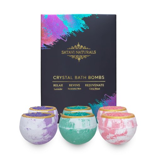 Crystal Bath Bombs Gift Set (6 Pack) – Aromatherapy Bath Bombs with Bath Salts. Lavender, Eucalyptus Mint & Citrus - Relaxation Gifts for Women, Self Care Gifts for Women & Men, Stocking Stuffers