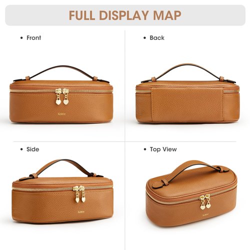 Kattee Makeup Bag for Women, Leather Cosmetic Bag, Working Makeup Bags for Ladies with Handles, Portable Travel Toiletry Bag, Brown