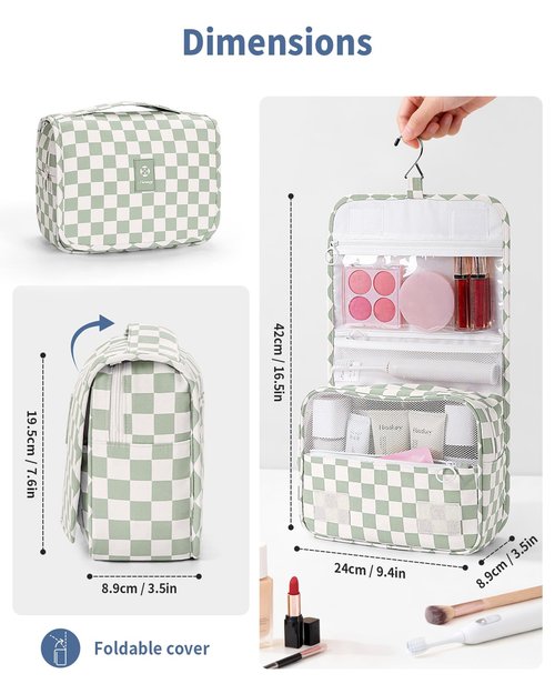 Narwey Small Hanging Travel Toiletry Bag for Traveling Women, Checkered Travel Bag for Toiletries, Makeup Bag Organizer Make Up Cosmetic Bags (Mint Green Checkerboard)