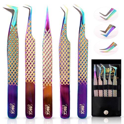 5 Pcs Fiber-Tip Japanese Steel Lash Tweezer Set with Leather Case, Professional Eyelash Tweezers for Lash Extensions – Titanium Coated, 90 & 45 Angled, Precision Pointed Tweezers (Rainbow Color)