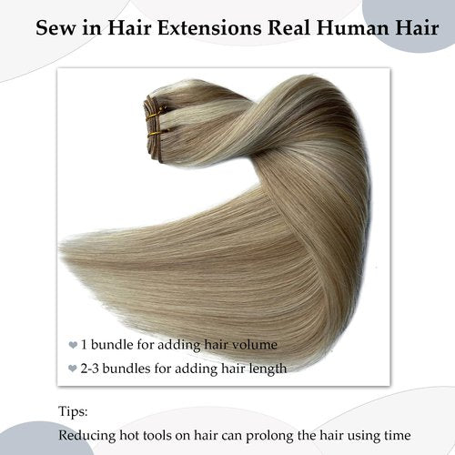Sew in Hair Extensions Real Human Hair Ash Blonde Balayage Blonde Hand Tied Weft Hair Extensions Human Hair Bundles 14 Inch 80G Sew in Weft Hair Extensions Human Hair Weave Sew in Weft Extensions