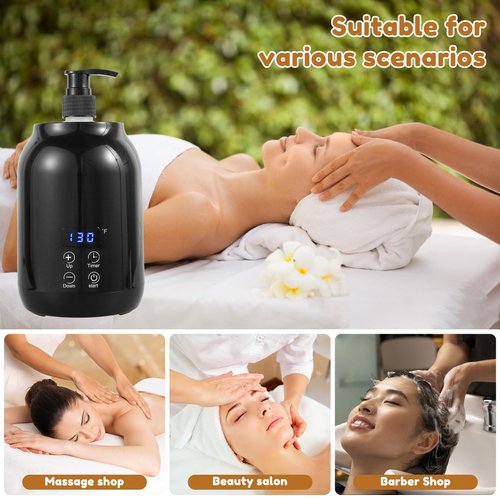RVEFOT Massage Oil Warmer with Two Bottle Dispenser, Smart Touch Key Electric Lotion Heater for Home SPA, Temperature Adjustable, Lube Cream Gel Warmer (Black)