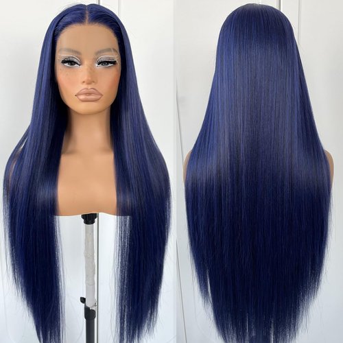MITIMES Blue Straight HD Lace Front Wig Pre-Plucked Glueless Synthetic Dark Blue Lace Front Wig For Fashion Women Transparent Lace Front Wig For Cosplay Party