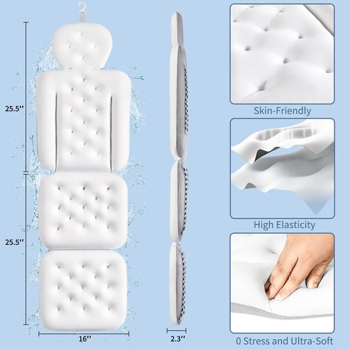 Luxury Bath Cushion, Full Body Bathtub Pillow with 160 Suction Cups, Bath Mat for Head and Neck Support, with Laundry Bag (White, 51.2" x 16.2")