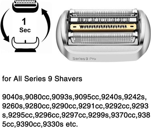 92s Series 9 Pro Electric Shaver Head Replacement Part Compatible with Braun Series 9 Pro and Series 9 Electric Razors 9290cc, 9291cc, 9370cc, 9376cc, 9293s, 9260s, 9295cc, 9385cc (Silver/1Pack)