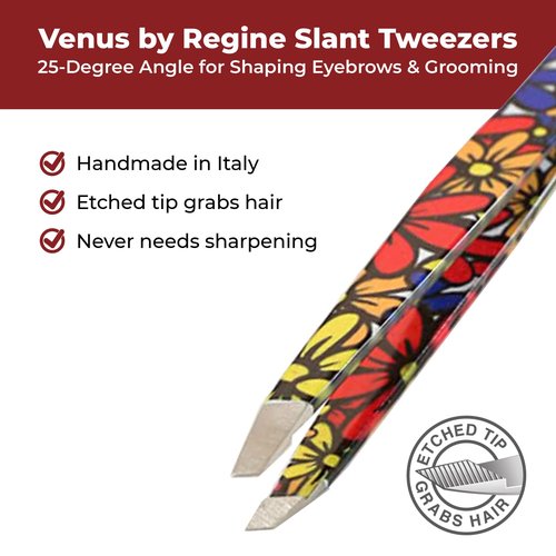 Venus by Regine Slant Tweezers - Handmade Precision Tool for Women & Men, 25-Degree Angle for Shaping Eyebrows & Grooming Facial Contours, Suitable for Eyebrow & Facial Hair Removal (Large Flowers)