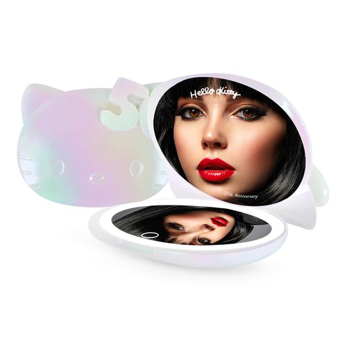 Impressions Vanity Hello Kitty Kawaii Lighted Compact Mirror for Purses, Double Sided Travel Makeup Mirror with 2X Magnification, Adjustable LED Lighting and Soft Touch Switch (Iridescent)