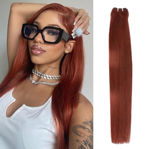 HERMOUS 13A Double Drawn Reddish Brown Bundles Copper Red Human Hair Single Straight Full and Thick Brazilian 100% Real Raw Human Hair Quick Weave Auburn Brown Colored #33B Bundles 12 Inch