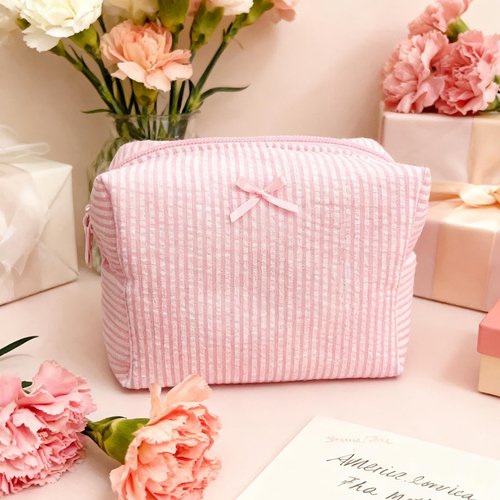 10 Pcs Cotton Quilted Makeup Bag Bulk Bow Stripe Cosmetic Pouch Make up Bag Bridesmaid Gifts Makeup Pouch with Zipper Travel Portable Case Preppy Gifts for Women (Pink)