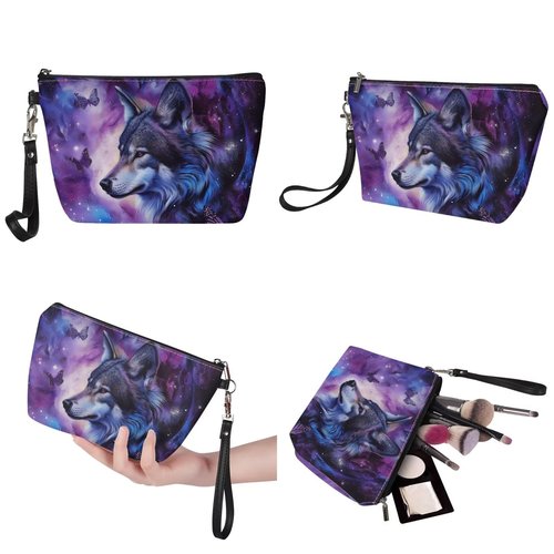 GIFTPUZZ Wolf Women Handbag Set 3 Packs Includes Large Capacity Top-Handle Bag PU Leather Toiletry Makeup Pouch Long Wallets Waterproof Blue Purple