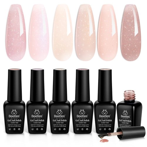 beetles Gel Polish Nail Set 20 Colors Healing Elixir Collection Manicure Kit with 6 Pcs Jelly Shimmer Giltter Nails Lady with Dreams Collection Transparent Pink Biege Gel