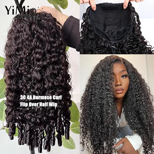 Half Wig Human Hair for Women 24 Inch Burmese Curly Glueless Clip-In Wigs 250% Density 3 IN 1 Half Wigs Flip Over Beginner Friendly Go Drawstring Wig No Glue No Sew Natural Color & Easy Install