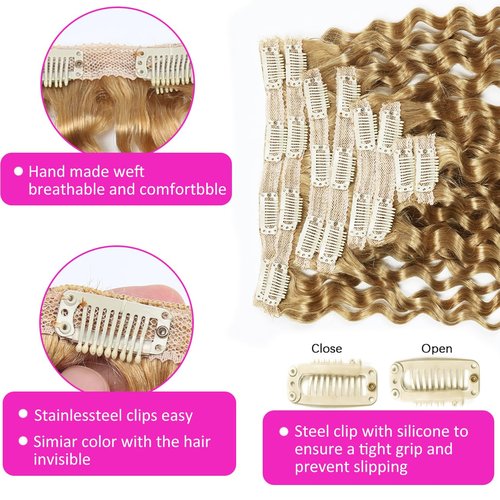 Curly Clip in Hair Extensions Real Human Hair 16inch 100g Invisible & Seamless 100% Brazilian Remy Human Extension Deep Wave Clip ins Extensions Double Weft 8 PCS with 20 Clips #27 Honey Blonde