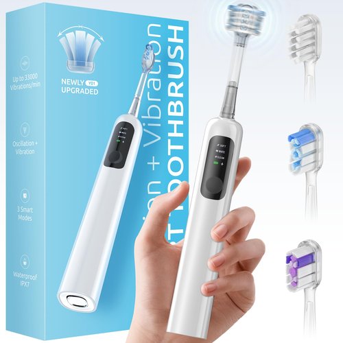 SYNHOPE Oscillating Sonic Electric Toothbrush for Adults, Rechargeable Battery & Fast Charge [Unique 60° Swing Amplitude] 3 Brush Heads with Pounch, IPX7 Waterproof & Teeth Whitening Cleaning
