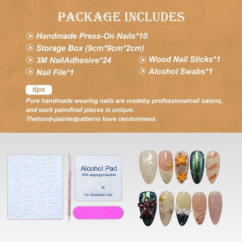 Handmade Press on Nails with Charms - Long Square French False Nails, Stars, Leopard, 3D Flower Embossed Designs for Women & Girls, Nail Kit
