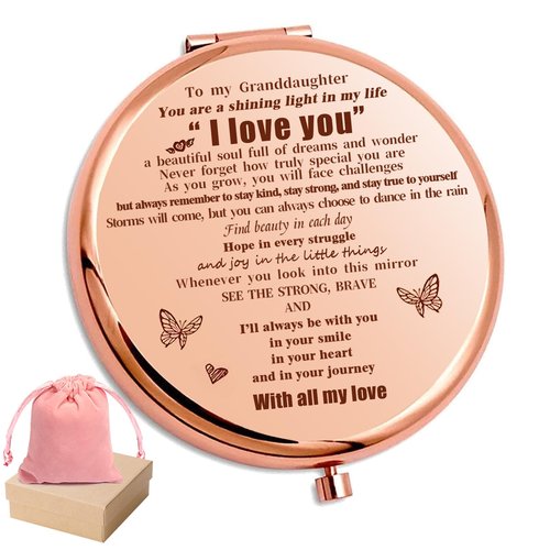HNLUGF to My Granddaughter - You're Amazing and Beautiful - Pocket Mirror, Granddaughter Engraved Compact Mirror, Family First Mirror Encouragement Gifts from Grandparents (Rose Gold-B)