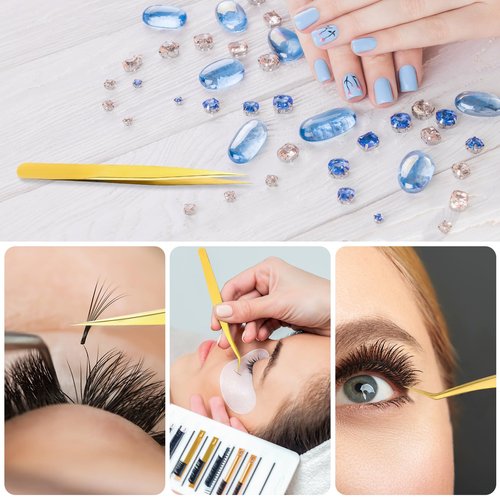 3 PCS Lash Tweezers for Eyelash Extensions, High Precision Gold Metal Tweezers Set Fiber Tip and Curved Isolation Tweezers Eyelash Extension Tools for Women Volume Lash, Crafting, Jewelry Making