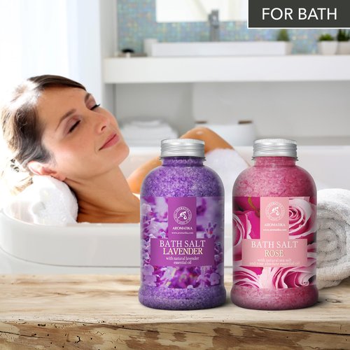 Bath Sea Salt Set 2х21.16Oz - Bath Salt Lavander & Rose - Lavender Essential Oil - Natural Rosewood Oil & Rose Extract - Aromatherapy - Relaxing - Body Care - Beauty - De-Stress Bath Salts