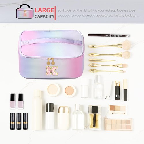 Meiyuuo Large Makeup Bag Portable Preppy Rainbow Colour Travel Pro Cosmetic Pouch Cute Cow Print Personalized Toiletry Organizer with Removable Divider for Women Initials Letter K Gradient Pink