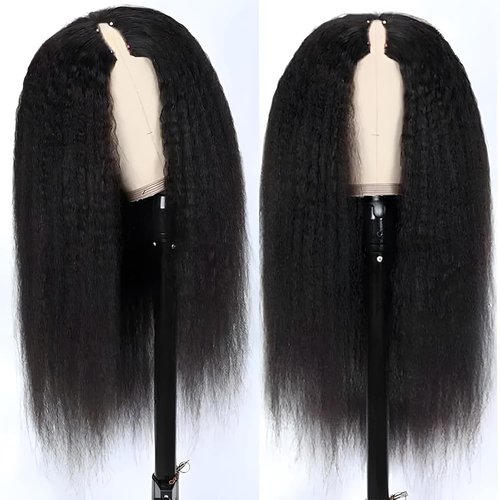 Prtyopp V Part Wig Human Hair Kinky Straight Vpart Human Hair Wig Upgrade U Part Wig Yaki Straight Clip in Half Wigs for Black Women Glueless No Leave Out 180% Density Natural Color 12 Inch