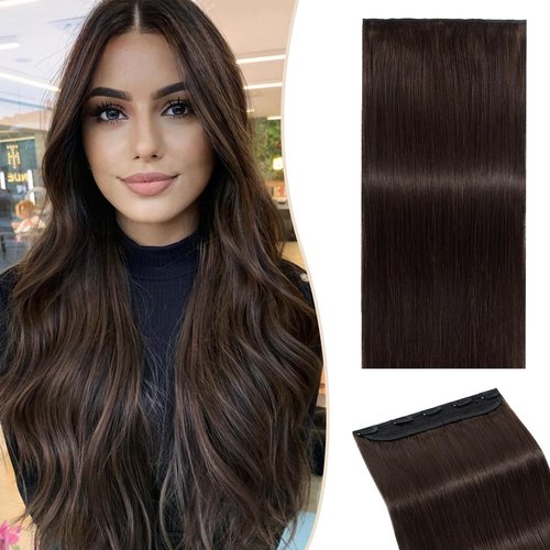 SEGO One Piece Clip in Extensions, 5 Clips Real Human Hair Extensions, Long Straight, 14 inches, #02 Dark Brown