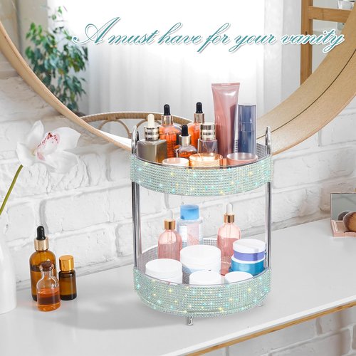 Honeydak 360 Rotating Perfume Organizer Rhinestone Bathroom Counter Organizer Makeup Holder with 2 Tiers Skincare and Perfume Storage, Large Capacity Vanity Storage for Cosmetic Countertop Decor