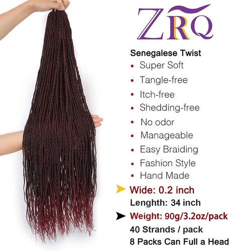 ZRQ 8 Packs 34 Inch Senegalese Twist Crochet Hair Red Small Crochet Twist Braids Burgundy Micro Synthetic Crotchet Braiding Hair For Black Women 40strands/pack(34"8packs,Tbug#)
